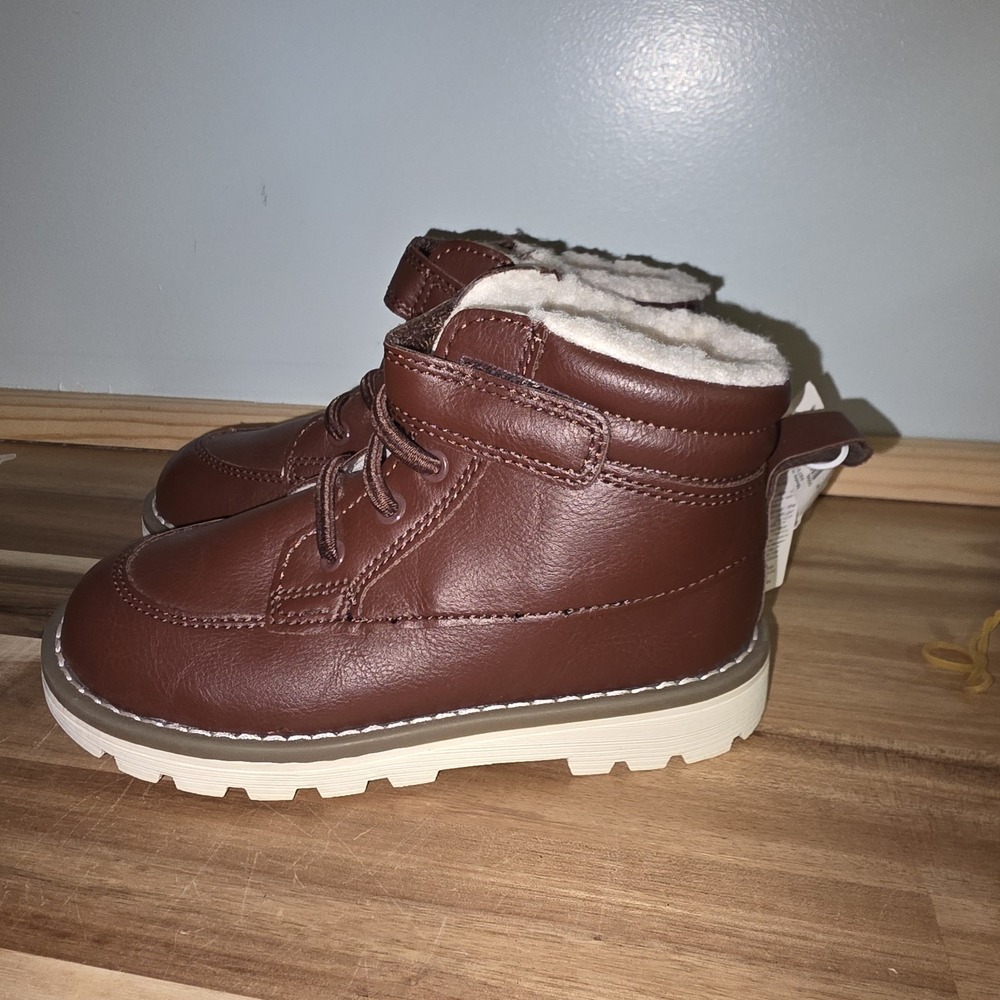 NEW Old Navy Sherpa Trim Faux Leather Upper Dark Brown Boots Boys Toddler Size 9
